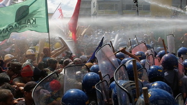 The police used water cannons against the protesters when their line was about to be breached.