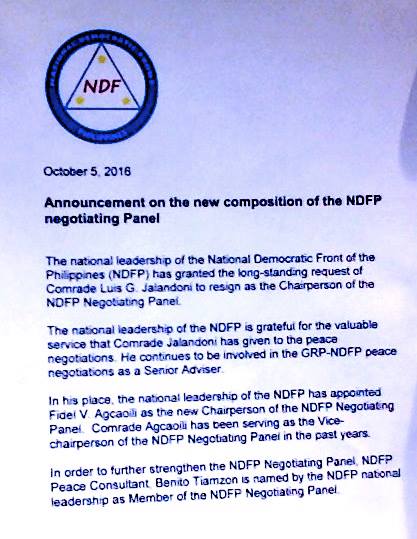 The statement by the NDFP announcing changes in its peace panel.